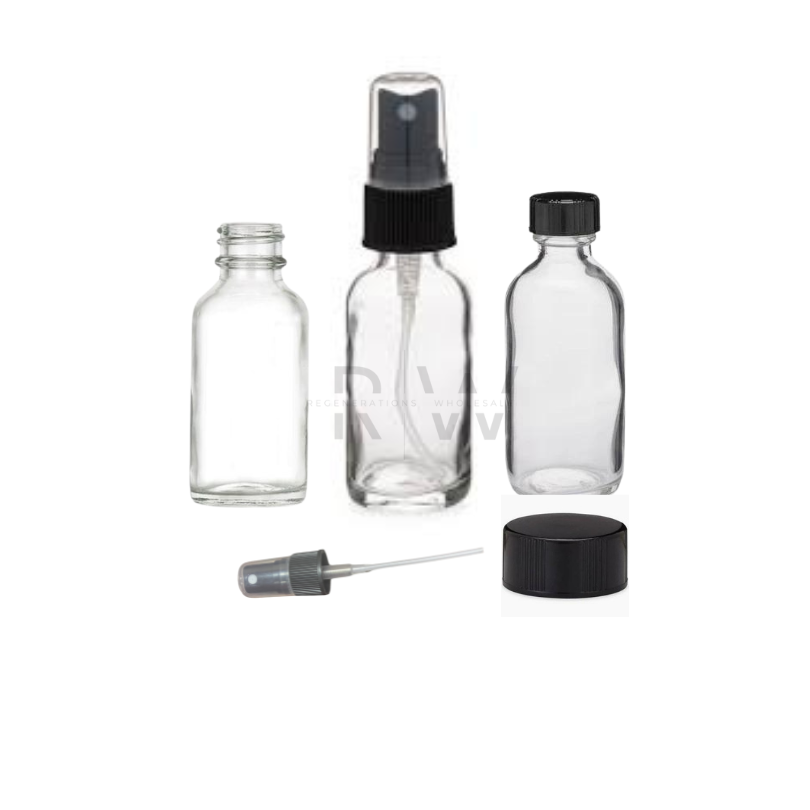 1 OZ Glass Flint Clear Boston Round Bottles with Closure (Wholesale) **Pre-Order**